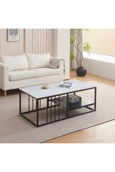 Generic طاولة قهوة موفو شيلي من الحجر المسحوق مع رف