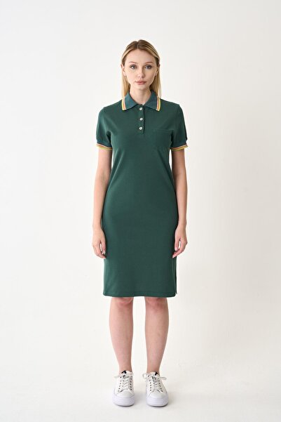 odelon Rochie de damă din piqué verde închis cu guler și mâneci cu nervuri