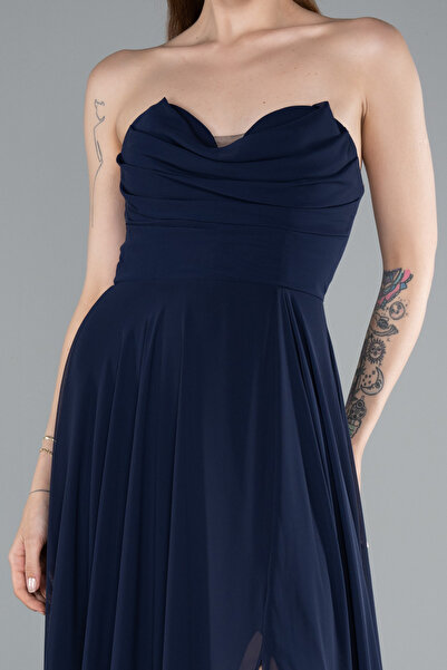 Abiyefon Lacivert Straplez Bacak Dekolteli Uzun Şifon Mezuniyet Elbisesi ABU4966
