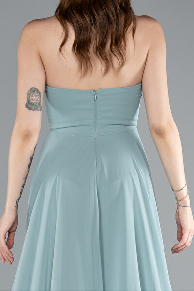 Abiyefon Mint Straplez Bacak Dekolteli Uzun Şifon Mezuniyet Elbisesi ABU4966