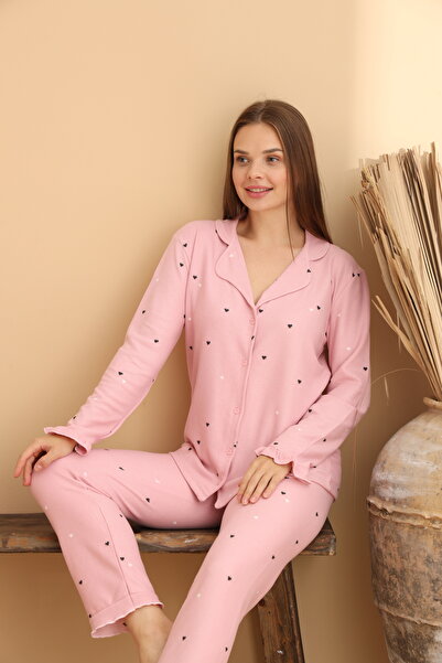 ELİTOL Set de pijamale pentru femei, tricotat cu mâneci lungi, cu model de inimă