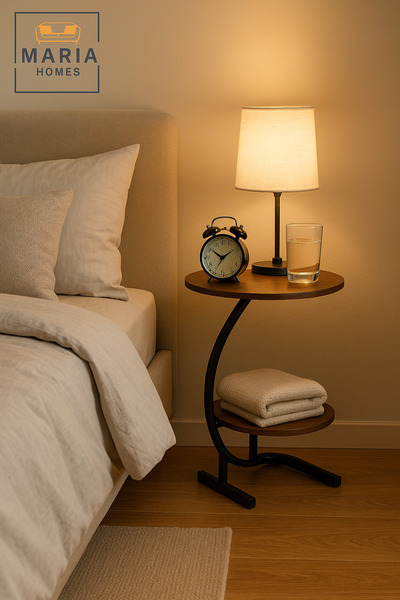 MARIA HOMES طاولة جانبية دائرية عصرية باللون البني بإطار معدني – طاولة مميزة من طبقتين (40×60 سم)