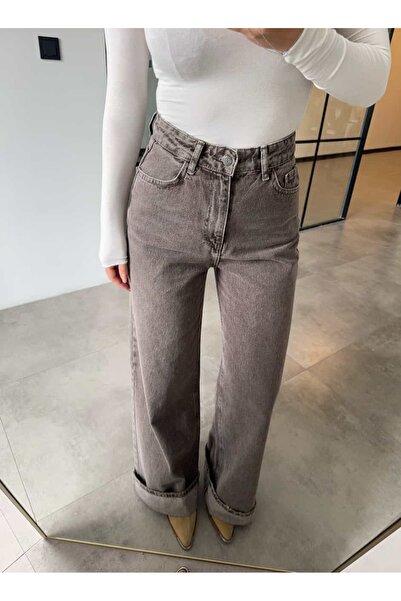 BB Bensu Buyruk talie înaltă BLANĂ DE DENIM MARO CU PIELE LĂTĂ