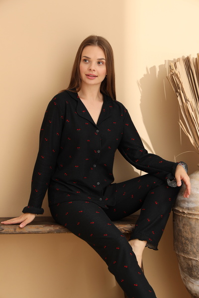 ELİTOL Kiraz Desenli Waffle Örme Uzun Kol Kadın Düğmeli Pijama Takımı
