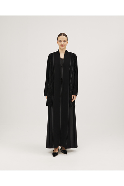 SOROSE SA عباية سوداء لف قماش سيراميك نص كلوش بشك خرز جانبي