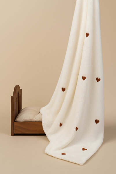 DensHaus Brown Heart Patterned Embroidered Baby Blanket 90X110 Cream Wellsoft