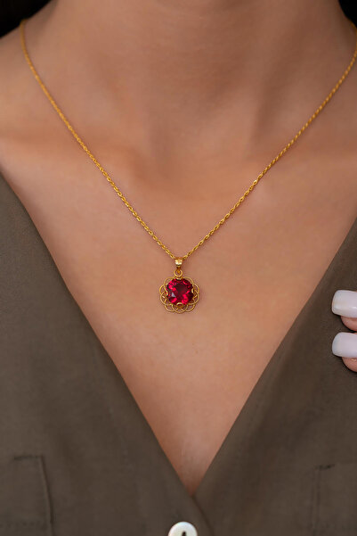 Bayar Gold 14 Ayar Altın Kırmızı Taşlı Telkari Kolye