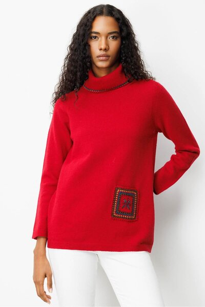 Desen Triko Women's Degaje Collar Pocket and Collar Crocheted Wool Sweater Dark Red