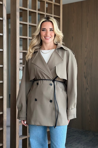 Laluvia Khaki Leather Rope Belted Windbreaker Trench Coat - 7488