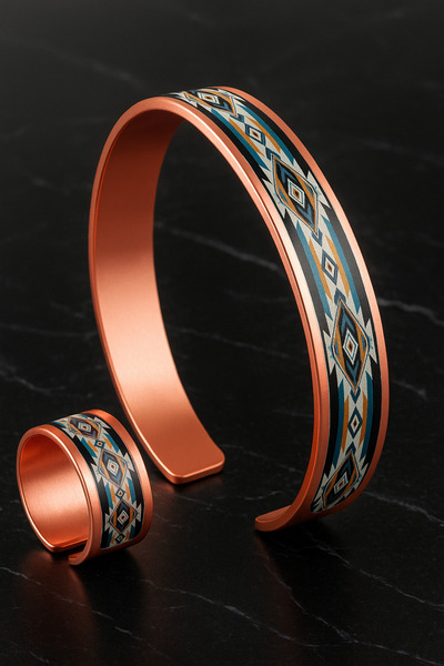 OSMANLI GÜMÜŞ Women's Copper Bracelet Ring Set - Nikita Model Special Edition Metal Box and Quartz Stone
