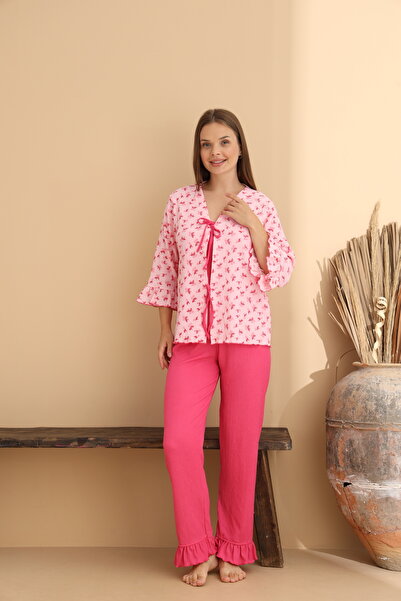 ELİTOL Leaf Patterned Wrinkled Knitted Long Sleeve Women's Robe Pajama Set