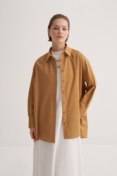 EBU Prive Women's Organic Cotton Oversize Robe Shirt Walnut Shell