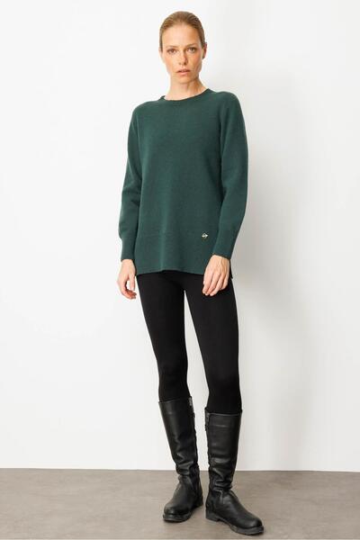 Desen Triko Women's Crew Neck Side Slit Wool Sweater Green