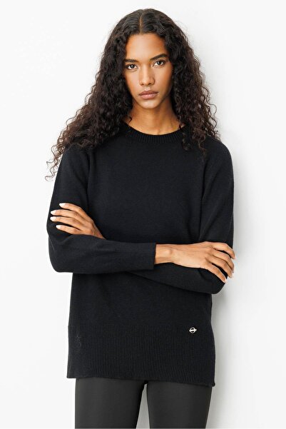 Desen Triko Pulover de lână pentru femei, cu decolteu în formă de O, cu fante laterală, negru