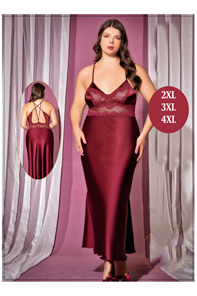 Viselya Set de dantelă cămăși de noapte lungi din satin burgundy, mărime mare