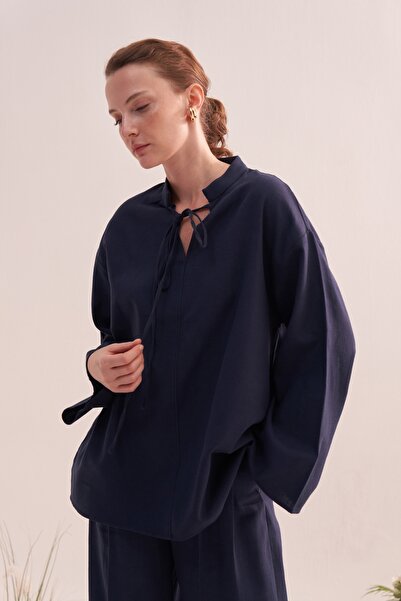 EBU Prive Women's Organic Cotton V-Neck Blouse Navy Blue