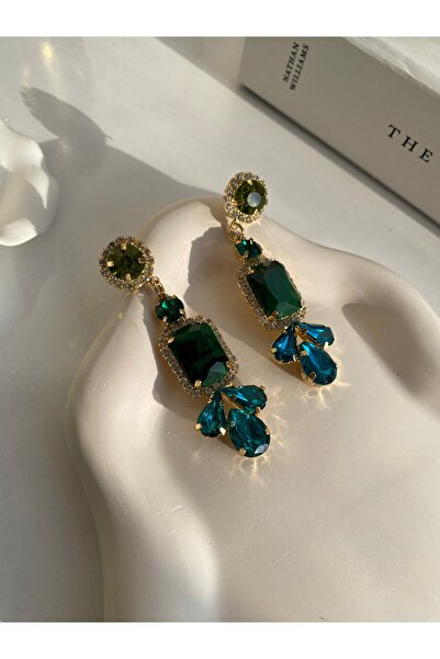 BusradanDesign Özel Seri Zümrüt Yeşili Kristal Zirkon Taşlı Sallantılı Küpe