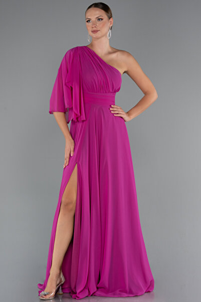 Abiyefon Fuşya Asimetrik Tek Kol Yırtmaçlı Uzun Şifon Abiye ABU5259