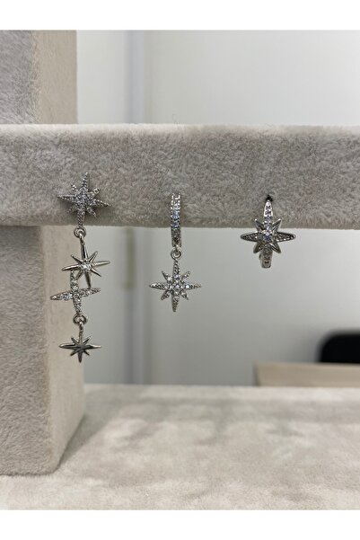 Glossy by Burcu Karataş Minimal Kutup Yıldızı Küpe Seti 3’lü Silver Renk(Piercing dahil değildir )