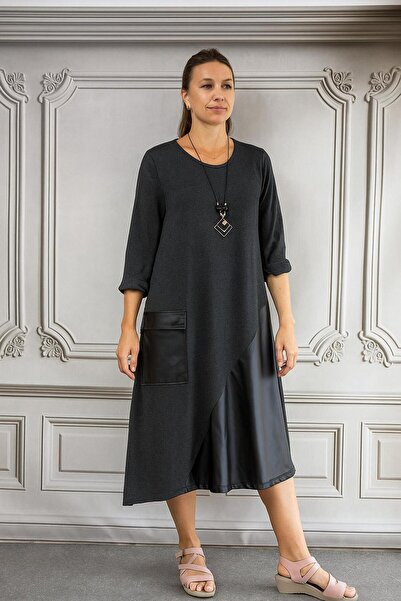 AGORATEKSTİL Women's Pocket Leather Long Sleeve Type Viscose Fabric Dress