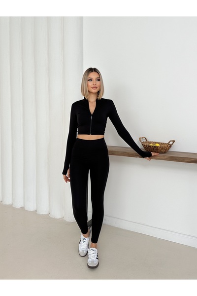 MODAMERSİ Women's Black Finger-Loop Detailed Zippered Crop Pants Two-Piece Set