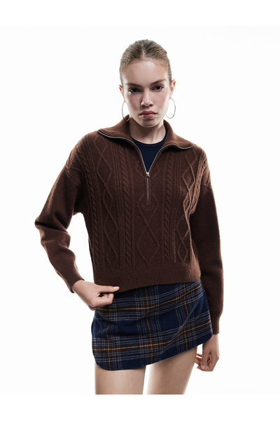 Koton Pulover cu jumătate de fermoar, cu mânecă lungă, tricotat texturat