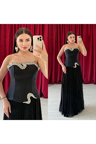 Nezzline Uzun Pileli Etek ve Taşlı Askılı Üst Takımı