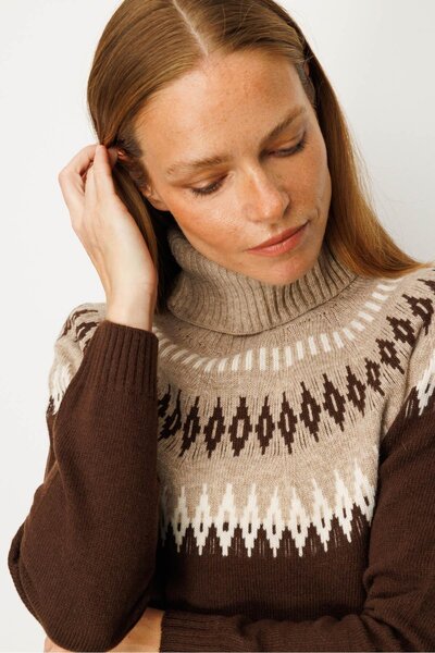 Desen Triko Women's Full Turtleneck Robe Argyle Wool Sweater M.Brown