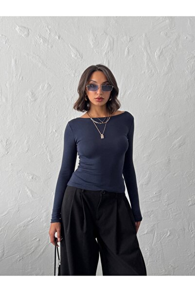 peralist Bluză elastică pentru femei, albastru bleumarin, cu gât barcă, bumba...