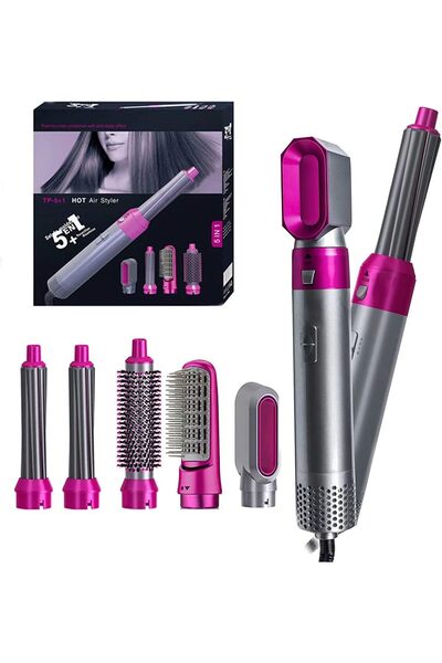 Generic 5 in 1 Hot Air Brush Hair Curler Set – Grey and Pink | Dryer, Straightener and Styling Tool