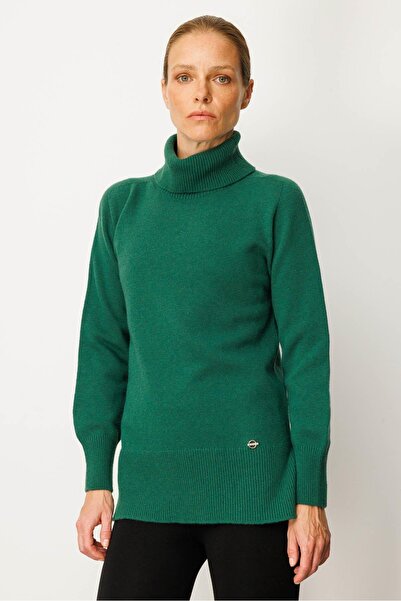 Desen Triko Women's Full Turtleneck Wool Sweater with Side Slits O.Basi