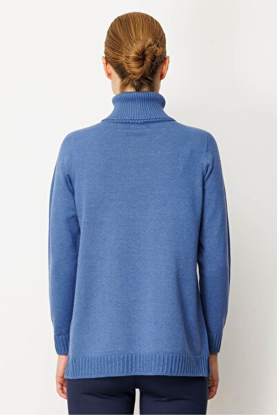 Desen Triko Pulover cu gât complet pentru femei, cu dungi lungi în față, Indigo