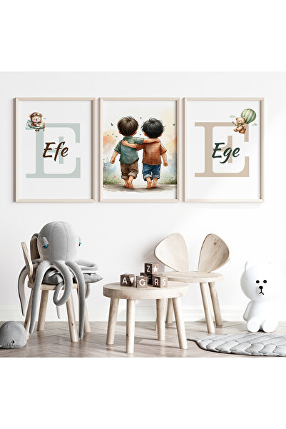 CKA Tasarım İkiz Erkek Bebek Ayıcıklı İsim Tablo Seti, Çocuk odası Tablo, Beb...