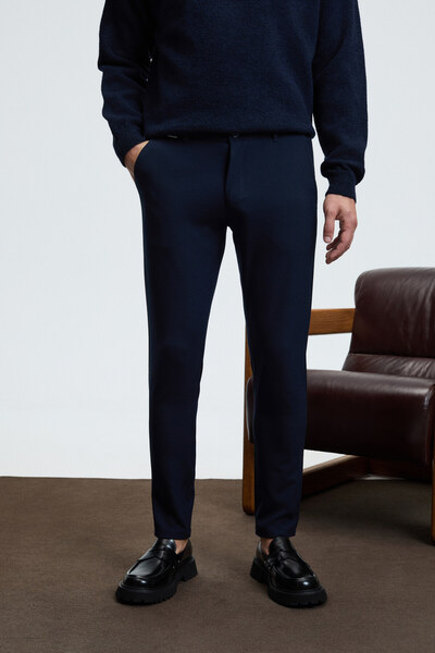 GRIMELANGE Crudo Men's Regular Fit Woven Navy Blue Trousers with Side and Back Pockets and Zipper