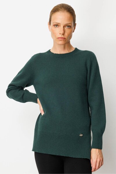 Desen Triko Women's Crew Neck Side Slit Wool Sweater Green