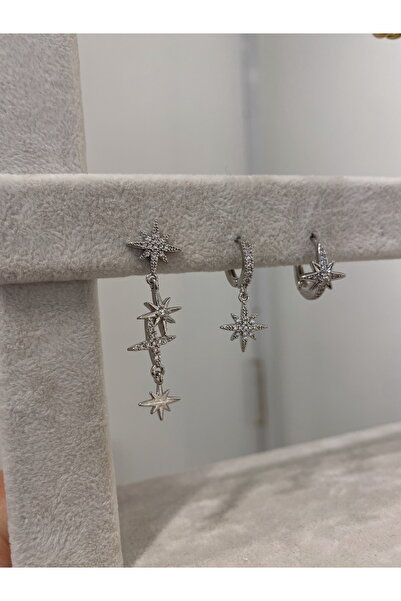 Glossy by Burcu Karataş Minimal Kutup Yıldızı Küpe Seti 3’lü Silver Renk(Piercing dahil değildir )