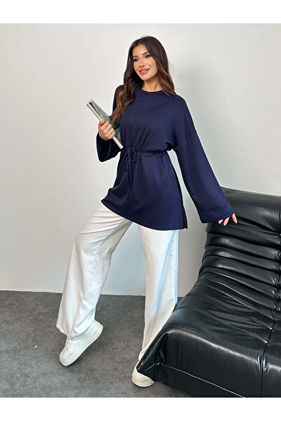 Hatun Atila Women's Waist Tied Sleeve Detailed Tunic 8896 - Navy Blue