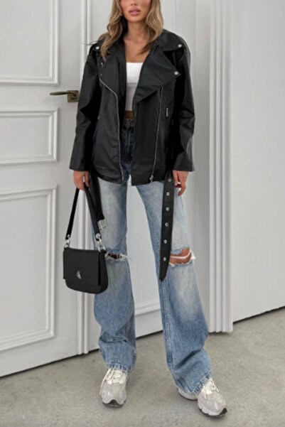 Jaglion Dámská černá kožená bunda Elvera ZR Oversize Long