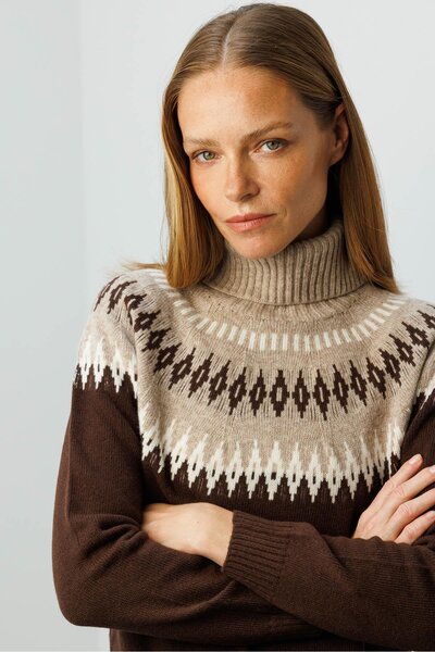Desen Triko Women's Full Turtleneck Robe Argyle Wool Sweater M.Brown