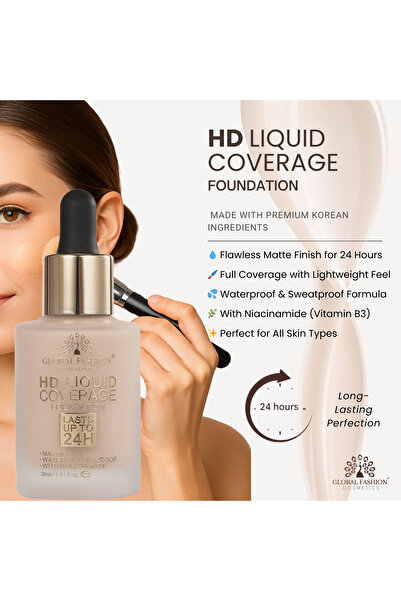 global fashion HD Liquid Coverage Foundation 30ml – 8 Shades, 24H Matte, Waterproof, Lightweight Full Coverage