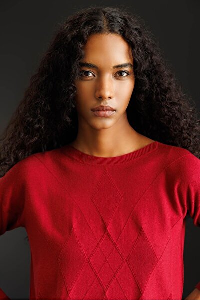 Desen Triko Women's Front Diamond Patterned Side Knitted Sweater V.Çürüğü