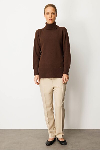 Desen Triko Γυναικείο πουλόβερ με ολόκληρο ζιβάγκο άνοιγμα μάλλινο πουλόβερ Μ.Καφέ