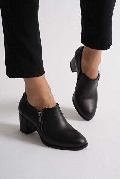 ANALİN SHOES Women's Genuine Leather Zipper Detailed Stylish Heeled Shoes - Black