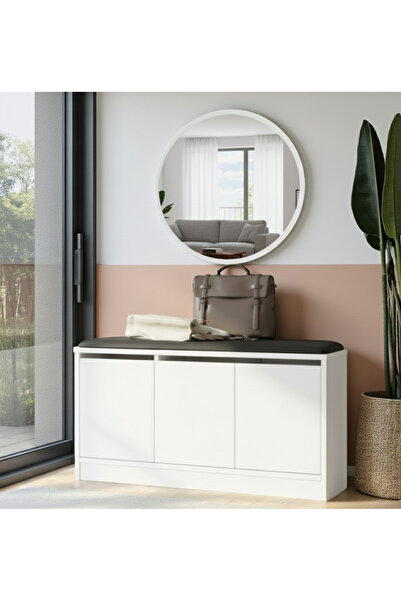 Robin Home Puflu Minderli Oturaklı Aynalı Ayakkabılık Dolap 90cm Beyaz