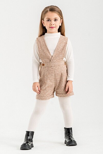 Cansın Mini Brown Girl's Melange Cream Badili Salopet Suit 22693