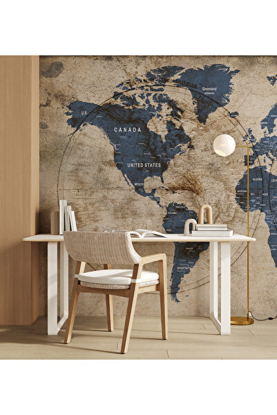 Tasarım Antik Mavi Kıtalar Ülkeler Eskitme Vintage Ofis Çalışma Odası Okul Du...