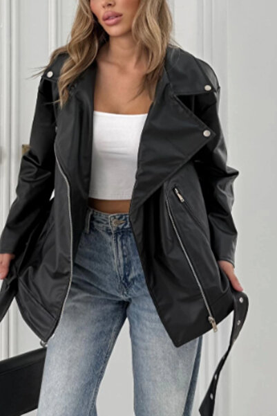 Jaglion Dámská černá kožená bunda Elvera ZR Oversize Long