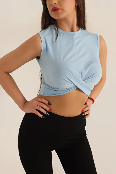 hazelin Women's Ice Blue Front Knotted Crew Neck Zero Sleeve Lycra Crop Blouse Hzl23S-Snd120181