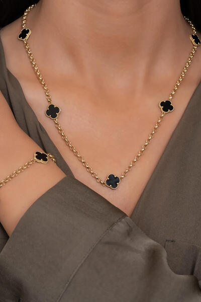 Bayar Gold 14 Ayar Altın Siyah Yonca Kolye Bileklik Set