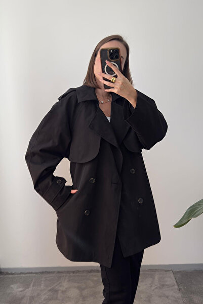 My Blog Black Windbreaker Detailed Belted Short Trench Coat - 7556